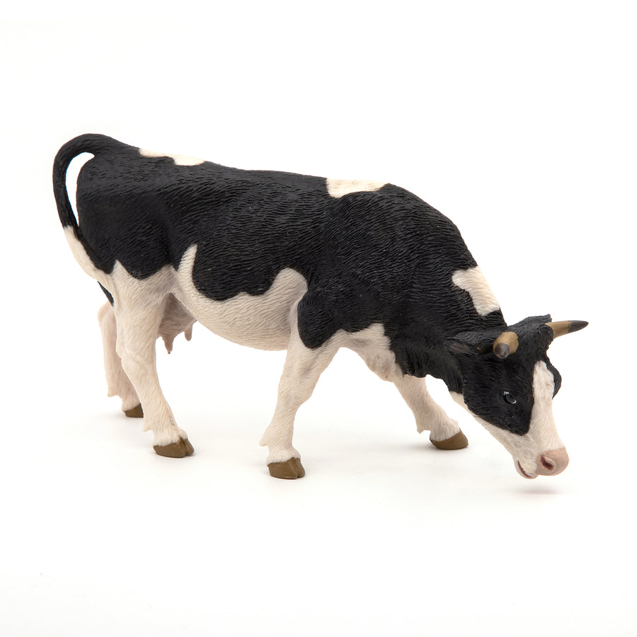 Figurine Vache noire et blanche broutant Papo en PVC, Collection Vie à la ferme, jouet éducatif idéal pour enfants et collectionneurs